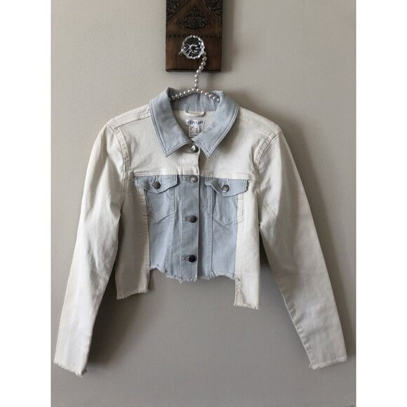 Venus Womens Size M Crop Denim Jacket Cream Blue Colorblock Raw Edge - Picture 1 of 5